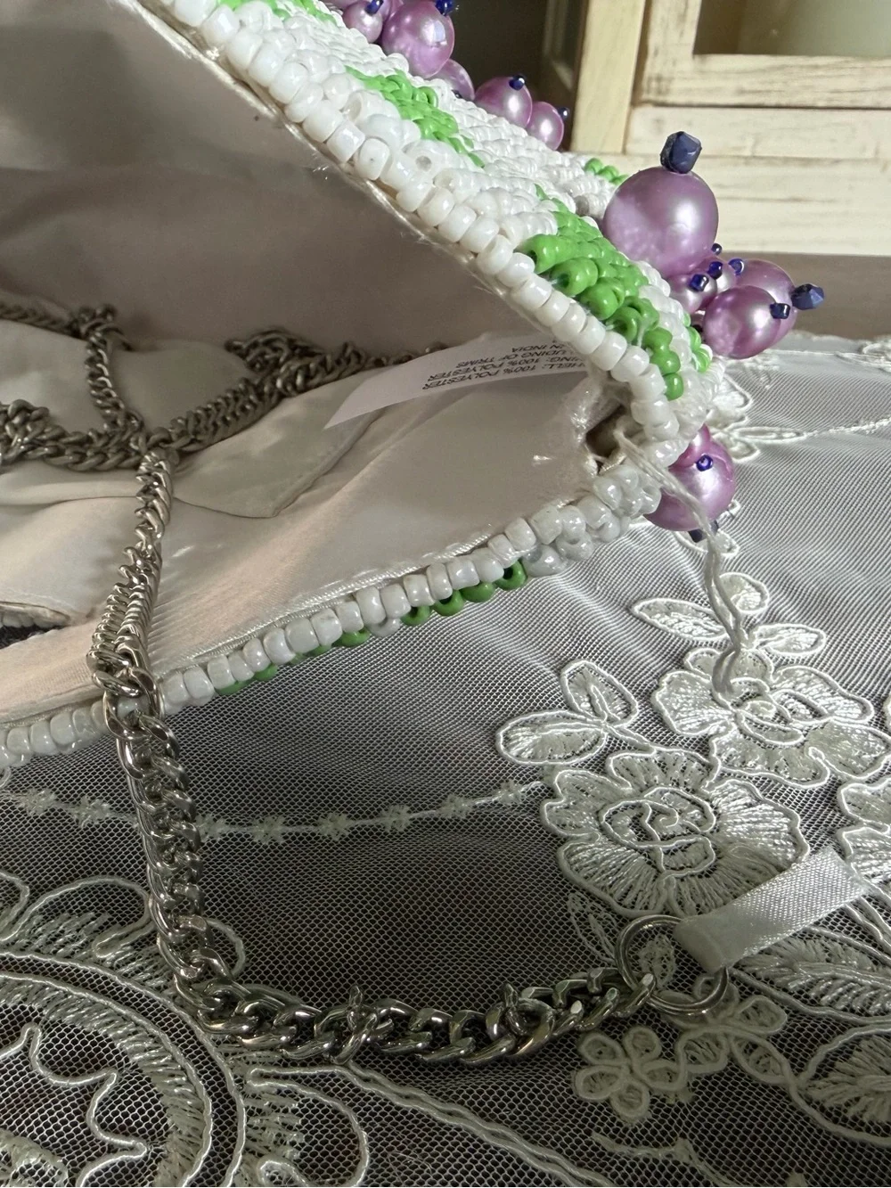 Beaded White & Green Floral Accent Women’s Clutch Handbag Purse